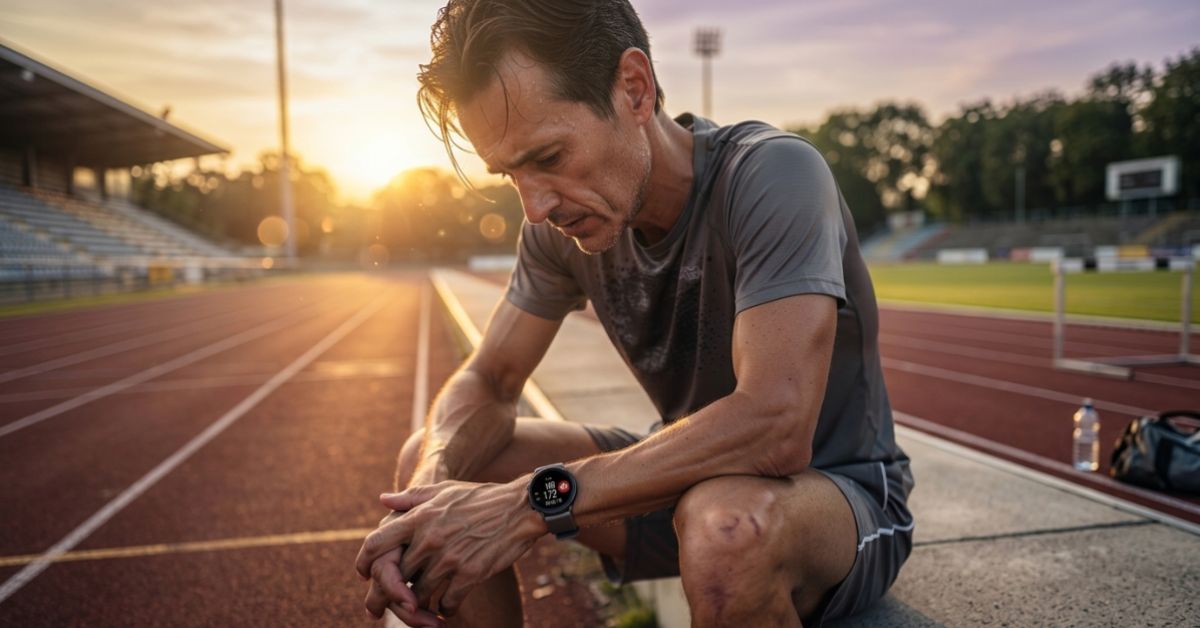 Close-up of an athletic person in running gear sitting on a track at sunrise, looking down with exhaustion and concern, sweat visible on face, fitness watch showing heart rate data, warm golden backlight with shallow depth of field, conveying a tense and vulnerable post-run moment.