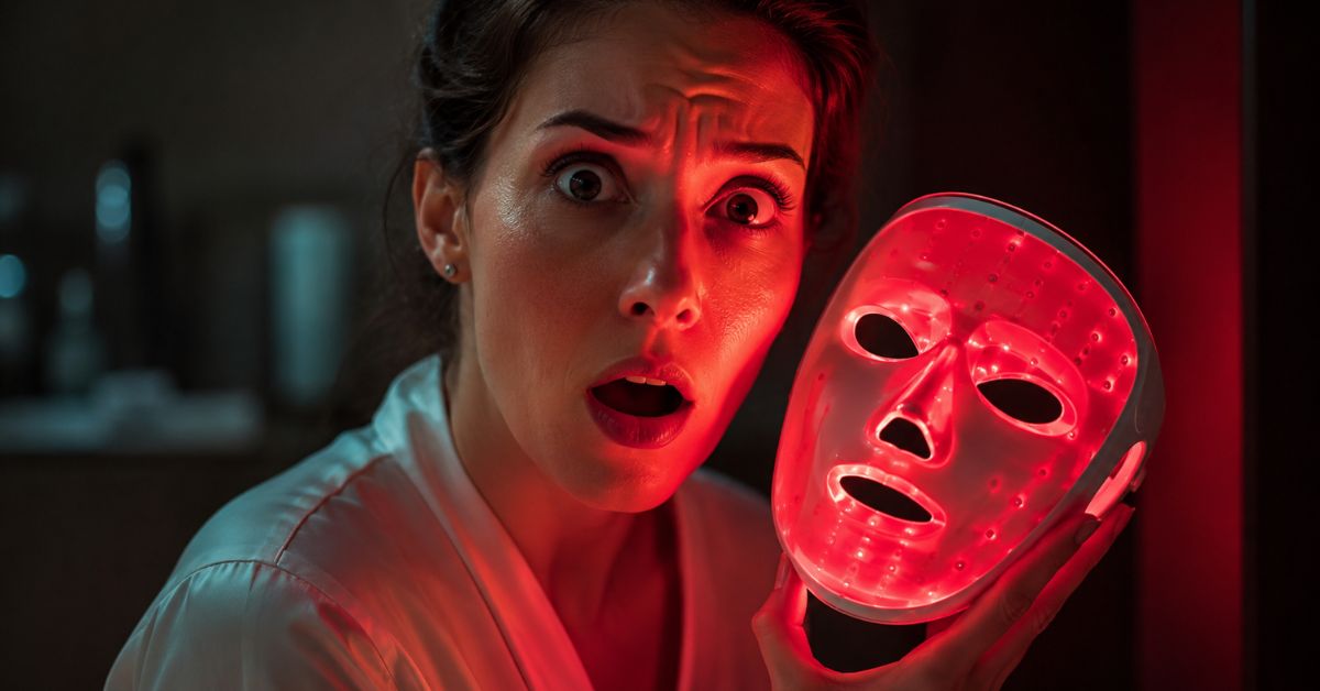 A woman in a white silk robe stares into the camera with a shocked, wide-eyed expression and open mouth. She is holding a glowing red LED light therapy face mask next to her face in a dark room. The red light from the mask casts a strong glow over half of her face, highlighting her intense expression.