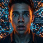 A young man with short dark hair stares wide-eyed at the camera with a shocked, awestruck expression, his face illuminated by warm orange light. Surrounding him are swirling streams of glowing blue and orange particles representing data flows, with the text 'STABLE DIFFUSION ECOSYSTEM' visible on a digital display to the right, set against a futuristic server room background.