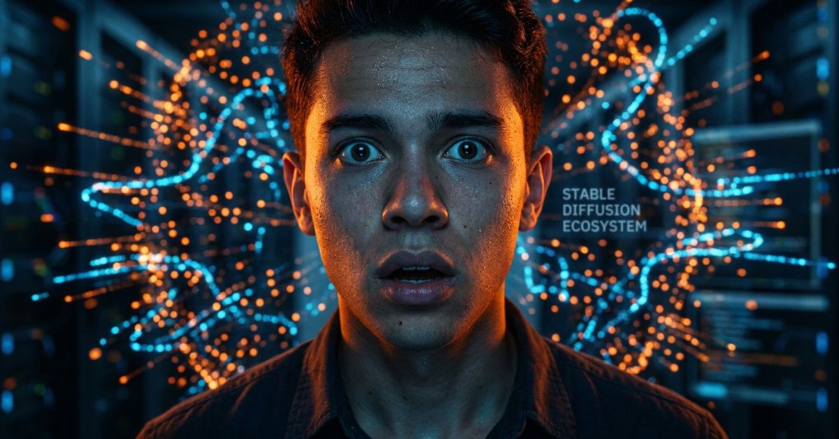 A young man with short dark hair stares wide-eyed at the camera with a shocked, awestruck expression, his face illuminated by warm orange light. Surrounding him are swirling streams of glowing blue and orange particles representing data flows, with the text 'STABLE DIFFUSION ECOSYSTEM' visible on a digital display to the right, set against a futuristic server room background.