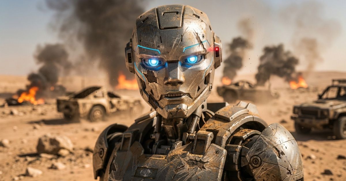 A battle-damaged robot with glowing blue eyes stands in front of a desert war zone with burning vehicles and smoke.