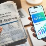 A person holds a thick stack of papers titled "Financial Advisor Fee Statement" showing a high cost of $8,200 per year, contrasted with a smartphone displaying a digital investment app that costs only $24.74 per month