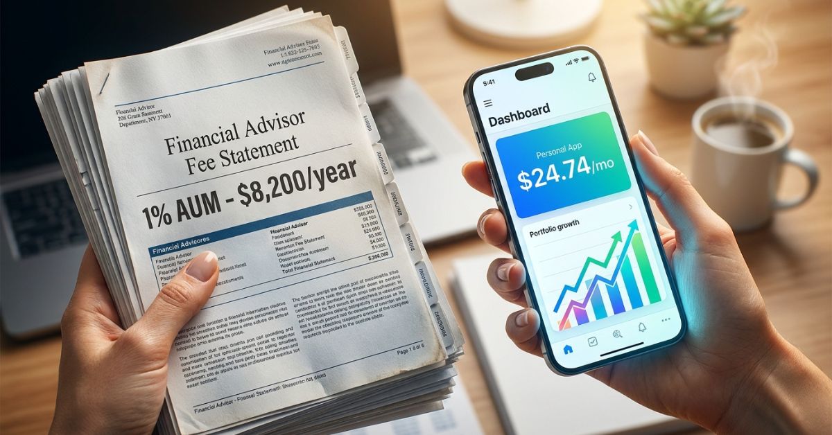 A person holds a thick stack of papers titled "Financial Advisor Fee Statement" showing a high cost of $8,200 per year, contrasted with a smartphone displaying a digital investment app that costs only $24.74 per month