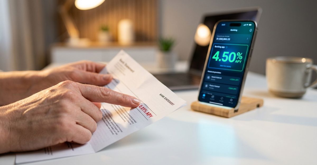 A person’s hands hold a paper bank statement pointing to a low 0.01% APY, while a smartphone next to it displays a modern banking app offering a much higher 4.50% APY.
