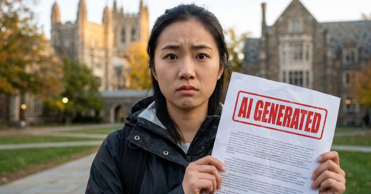 A young Asian woman with a worried expression stands on a university campus, holding up a piece of paper. The paper features a prominent red stamp that reads "AI GENERATED" over a block of illegible text. In the background, there are large, gothic-style stone university buildings under a soft daylight sky.