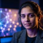 A professional woman with dark hair pulled back, wearing a gray blazer over a dark top, gazes directly at the camera with a calm, confident expression. Behind her, a large curved monitor displays a glowing blue and purple network node visualization, suggesting expertise in data science, AI, or network analytics in a modern, dimly lit office environment.
