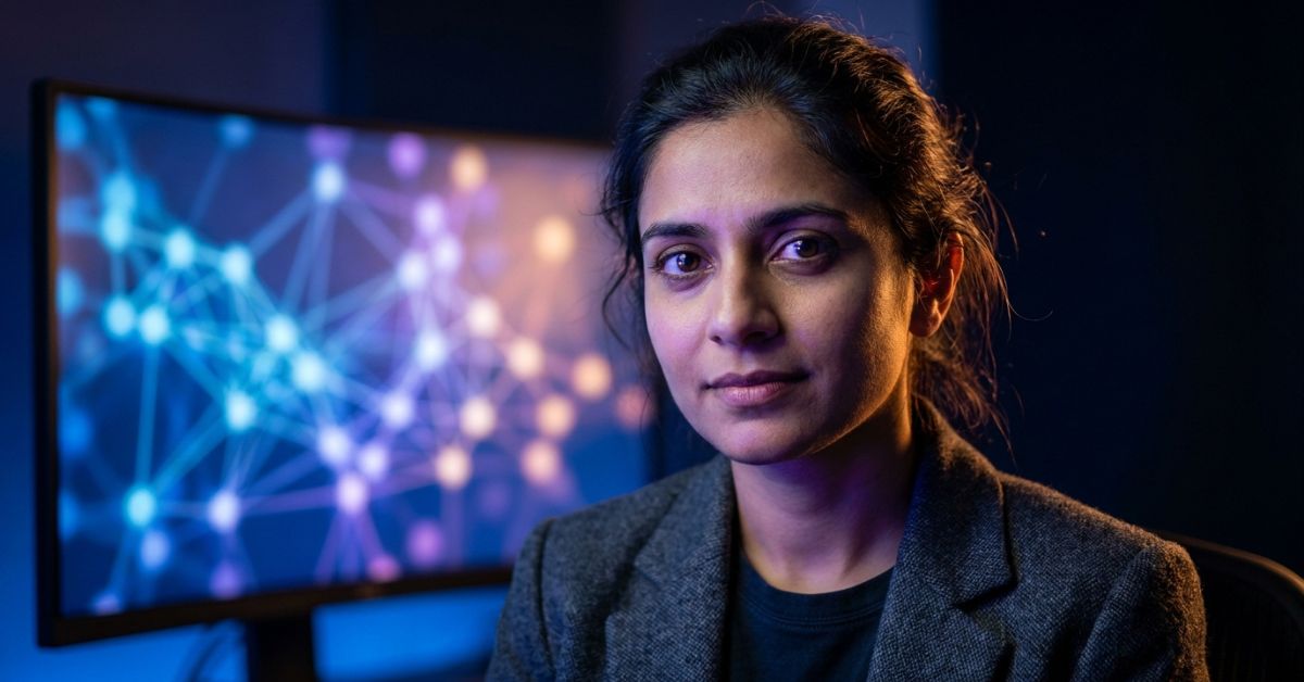 A professional woman with dark hair pulled back, wearing a gray blazer over a dark top, gazes directly at the camera with a calm, confident expression. Behind her, a large curved monitor displays a glowing blue and purple network node visualization, suggesting expertise in data science, AI, or network analytics in a modern, dimly lit office environment.