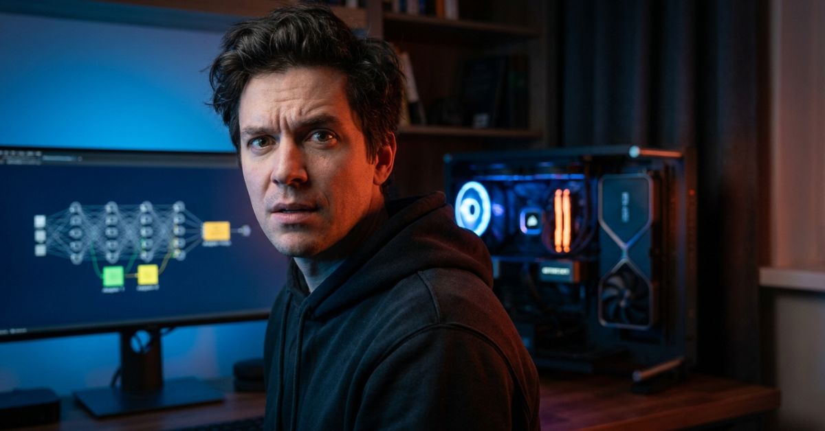 A man in a dark hoodie looks over his shoulder with an intense expression, sitting at a desk with a monitor displaying a neural network diagram and a high-end gaming PC tower with RGB lighting featuring blue and orange accents, in a dimly lit home office with bookshelves in the background.