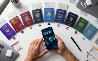 A top-down view of a white desk where a person holds a smartphone displaying a "Digital Nomad Visa Options - 2026" app. Surrounding the phone are passports from various countries including Thailand, Spain, Portugal, and Greece, along with boarding passes, a compass, and sticky notes detailing income and savings requirements.