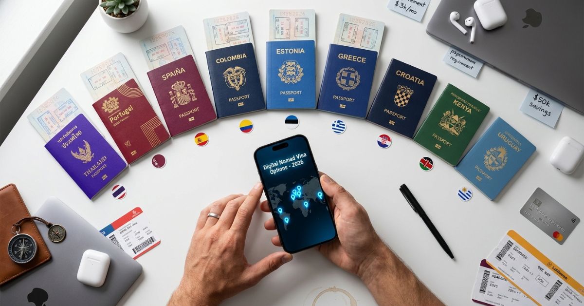 A top-down view of a white desk where a person holds a smartphone displaying a "Digital Nomad Visa Options - 2026" app. Surrounding the phone are passports from various countries including Thailand, Spain, Portugal, and Greece, along with boarding passes, a compass, and sticky notes detailing income and savings requirements.