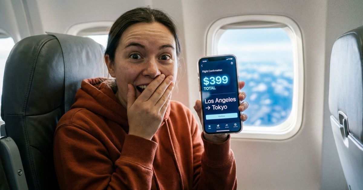 A woman sitting in an airplane seat, looking shocked and happy with her hand over her mouth. She is holding up a smartphone showing a flight confirmation for a trip from Los Angeles to Tokyo for only $399. She is wearing a rust-colored hoodie, and an airplane window with a view of clouds is visible behind her.
