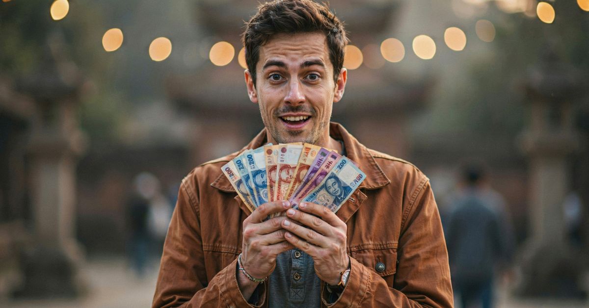 A man with a surprised and happy expression holds up a fan of colorful Vietnamese Dong banknotes in both hands. He is wearing a brown jacket and is standing outdoors in front of a blurred background featuring traditional architecture and warm, glowing bokeh lights.