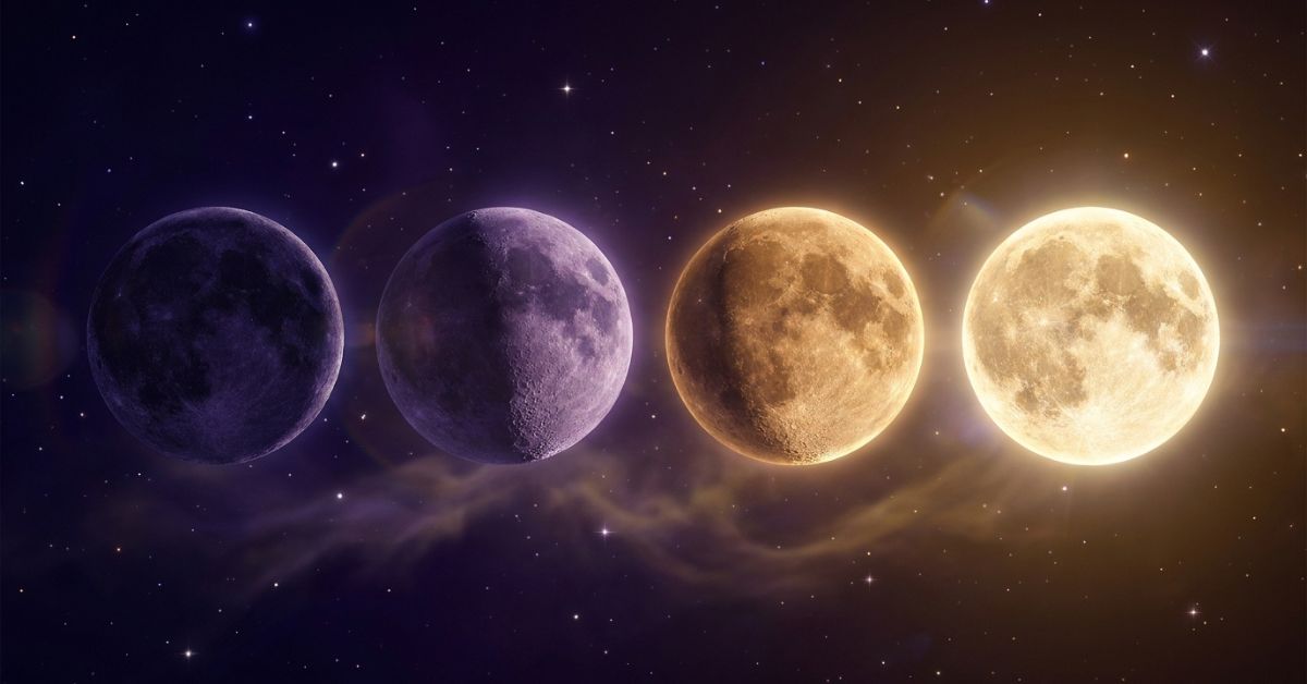 A horizontal row of four moons or planets in deep space, transitioning in color and brightness from a dark, shadowy purple on the left to a brilliant, glowing golden-yellow on the right.