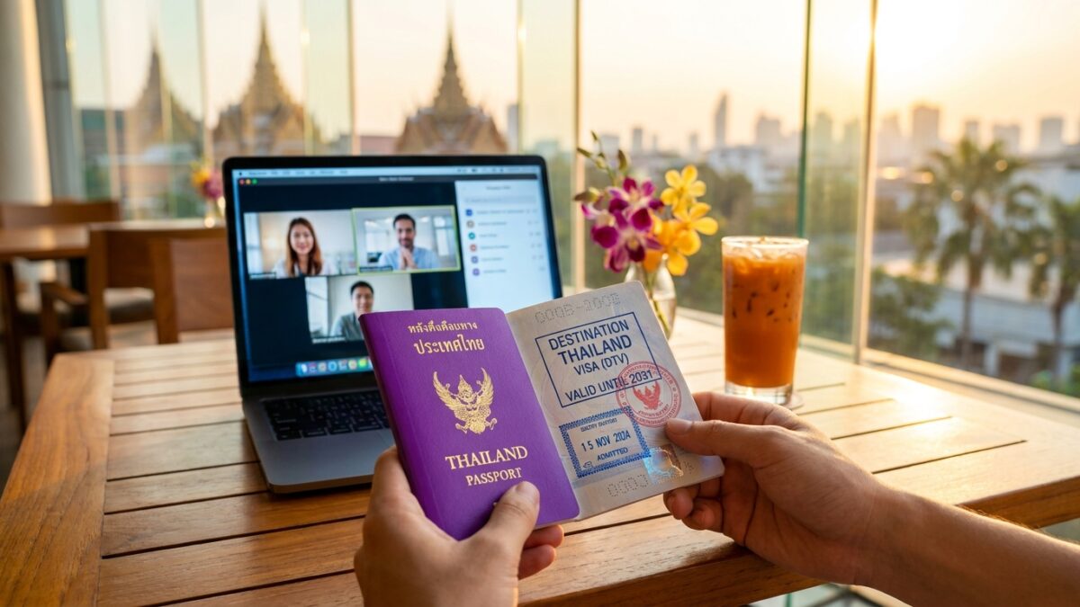 A person holds an open Thailand passport showing a "Destination Thailand Visa (DTV)" stamp valid until 2031. In the background, a laptop displays a video call, set on a wooden table at an outdoor cafe overlooking the Bangkok skyline at sunset.
