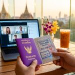 A person holds an open Thailand passport showing a "Destination Thailand Visa (DTV)" stamp valid until 2031. In the background, a laptop displays a video call, set on a wooden table at an outdoor cafe overlooking the Bangkok skyline at sunset.