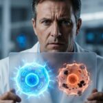 A male scientist in a lab coat with a serious expression holds up a transparent digital tablet. The screen displays a side-by-side comparison of a glowing blue healthy cell and a reddish-orange diseased cell in a high-tech laboratory setting.