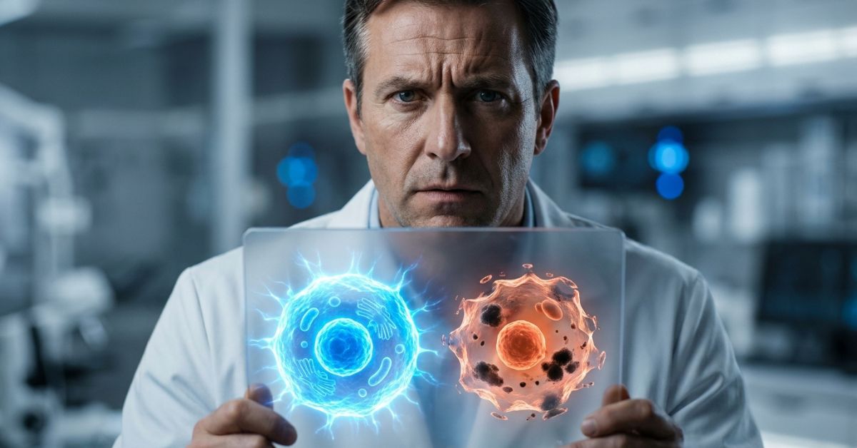 A male scientist in a lab coat with a serious expression holds up a transparent digital tablet. The screen displays a side-by-side comparison of a glowing blue healthy cell and a reddish-orange diseased cell in a high-tech laboratory setting.