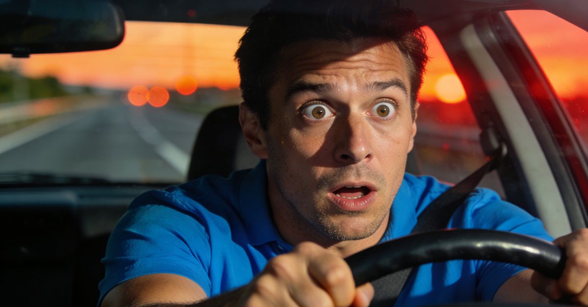 A close-up shot of a man with a wide-eyed, terrified expression gripping a steering wheel while driving a car during a vibrant orange sunset.