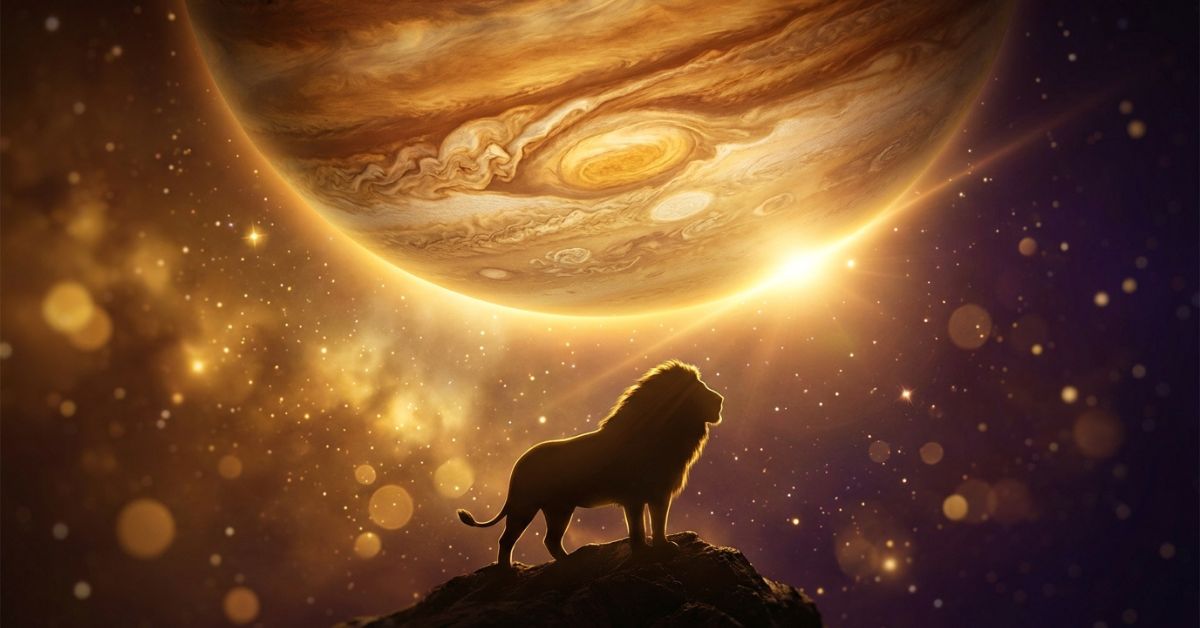 A silhouette of a majestic lion standing on a rocky peak, looking up at a massive, swirling planet resembling Jupiter. The scene is bathed in a golden light from a distant star, surrounded by a sparkling nebula.