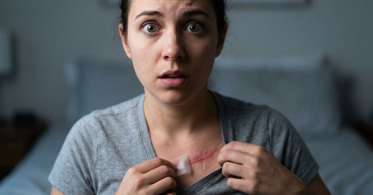 A woman with an expression of shock and wide eyes looks directly into the camera while pulling down the collar of her grey t-shirt to reveal a red, healing scar on her chest. She is holding a small, clear patch over part of the scar. The background is a softly lit, blurred bedroom.