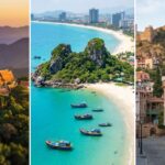 A three-panel collage featuring a golden mountaintop temple in Thailand, turquoise waters and boats along a tropical beach in Vietnam, and colorful historic buildings with a hilltop fortress in Tbilisi, Georgia.