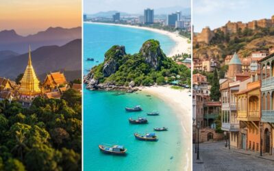A three-panel collage featuring a golden mountaintop temple in Thailand, turquoise waters and boats along a tropical beach in Vietnam, and colorful historic buildings with a hilltop fortress in Tbilisi, Georgia.