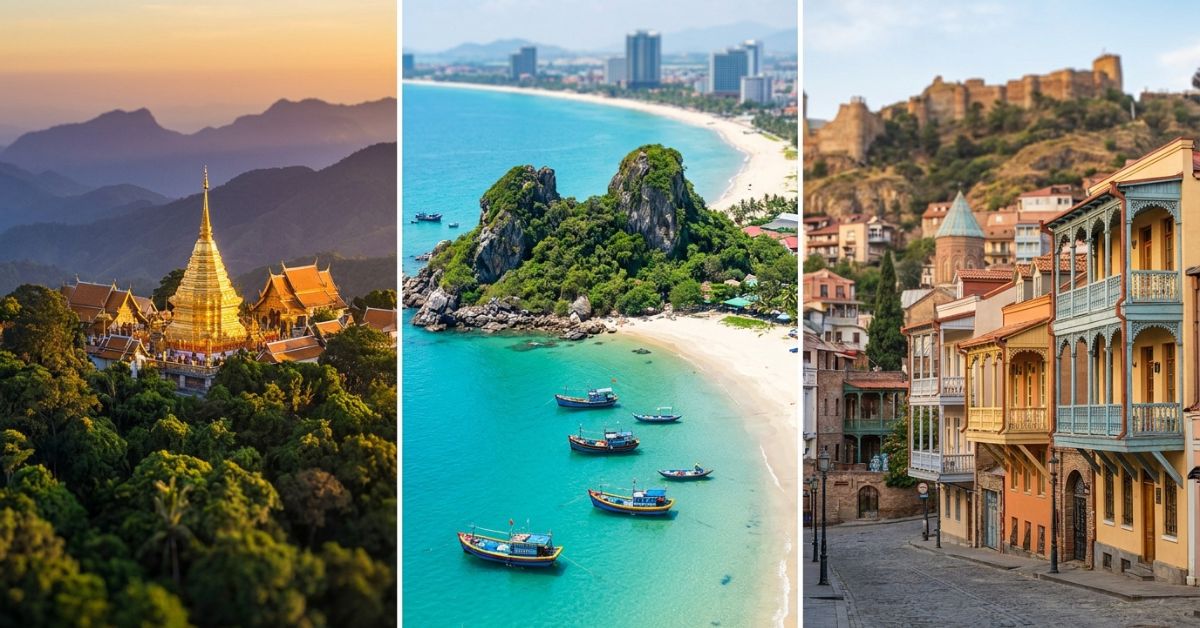 A three-panel collage featuring a golden mountaintop temple in Thailand, turquoise waters and boats along a tropical beach in Vietnam, and colorful historic buildings with a hilltop fortress in Tbilisi, Georgia.
