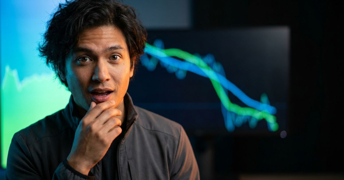 A young man with curly dark hair holds his hand to his chin in a contemplative pose, looking concerned as he stands in front of large monitors displaying blue and green line graphs showing a downward trend, suggesting financial analysis or market data review in a modern office setting.