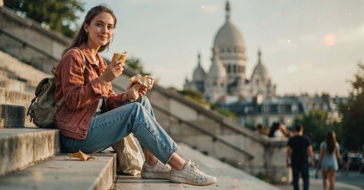 A young woman with brown hair, wearing a terracotta jacket and blue jeans, sits on stone steps in Paris and enjoys a baguette sandwich. In the background, the iconic white domes of the Sacré-Cœur Basilica stand against a soft, late-afternoon sky. She has a backpack resting beside her, and other tourists are visible in the blurred distance.