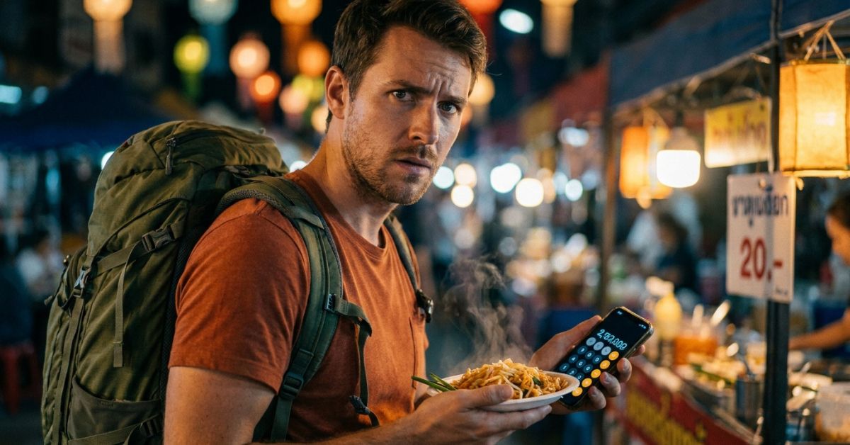 A man wearing an orange t-shirt and a green backpack holds a plate of steaming street food in his left hand and a smartphone in his right hand. He stands in a vibrant night market with hanging lanterns, food stalls displaying Thai script signs and price tags, and blurred figures of people in the background.