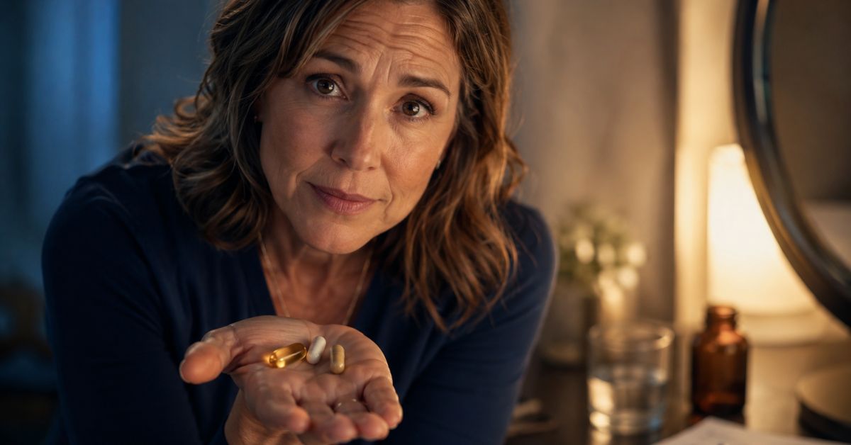 A middle-aged woman with shoulder-length brown hair holds out her hand to display three pills—a gold capsule, a white pill, and a tan capsule. She looks directly at the camera with a slightly furrowed brow. In the blurred background, a glass of water and an amber bottle sit on a table next to a mirror in a dimly lit room.