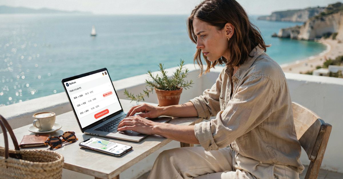 A woman sitting at a table on a sunlit balcony, using a laptop to book flights on the SkyRoute website. She has brown hair and is wearing a light-colored linen shirt. On the table next to her laptop are a cup of coffee, a pair of sunglasses, a wallet, and a smartphone displaying a map. The background features a stunning view of a turquoise ocean, a white sandy beach, and clear blue skies.