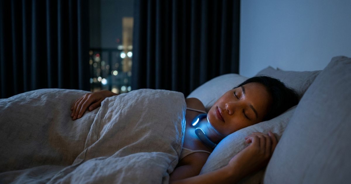 A woman sleeps peacefully in a dark bedroom while wearing a futuristic neckband device that emits a soft blue glow. City lights are visible through the window in the background.