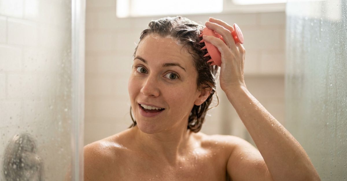 A woman with a cheerful expression uses a pink silicone scalp massager brush on her wet, soapy hair while taking a shower. She is looking directly at the camera. The background shows a bright bathroom with white subway tiles and a glass shower door.