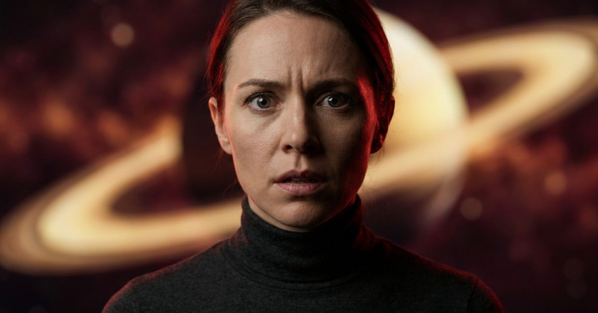 A close-up portrait of a woman with a worried and intense facial expression, set against a blurred background of a large, glowing ringed planet in deep space.